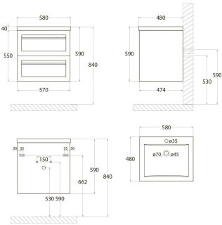 Подвесная тумба под раковину Art&Max Platino 58см серый матовый AM-Platino-580-2C-SO-GM